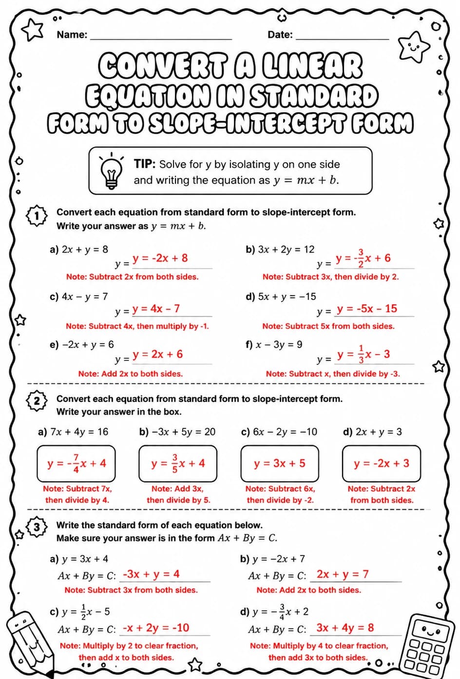Answer key for Convert a linear equation in standard form to slope-intercept form — free printable Math worksheet