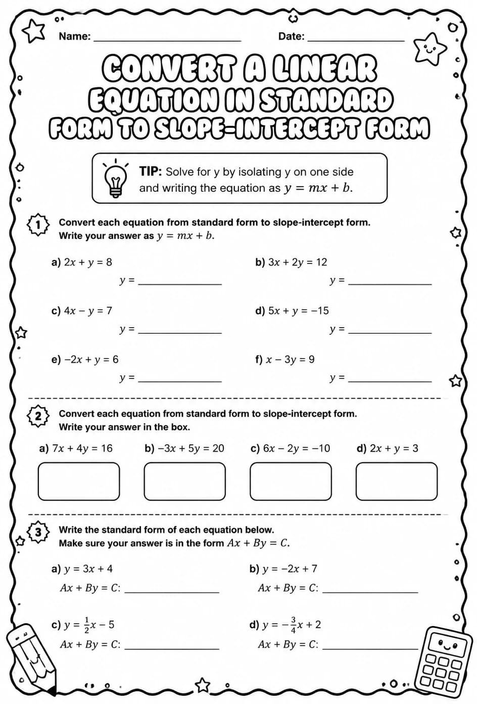Convert a linear equation in standard form to slope-intercept form — free printable Grade 8 math worksheet