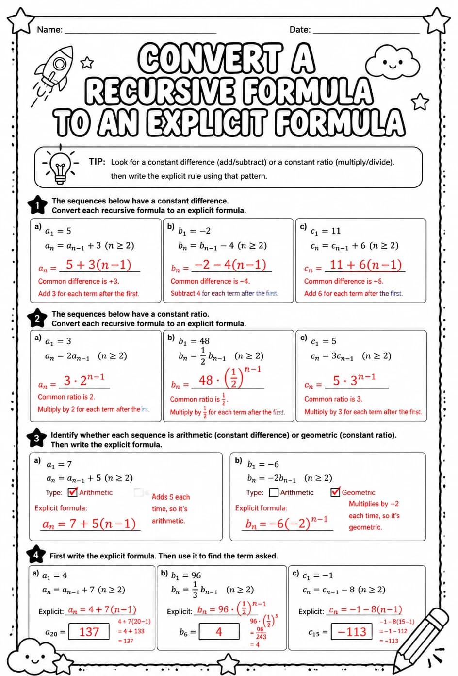 Answer key for Convert a recursive formula to an explicit formula — free printable Math worksheet
