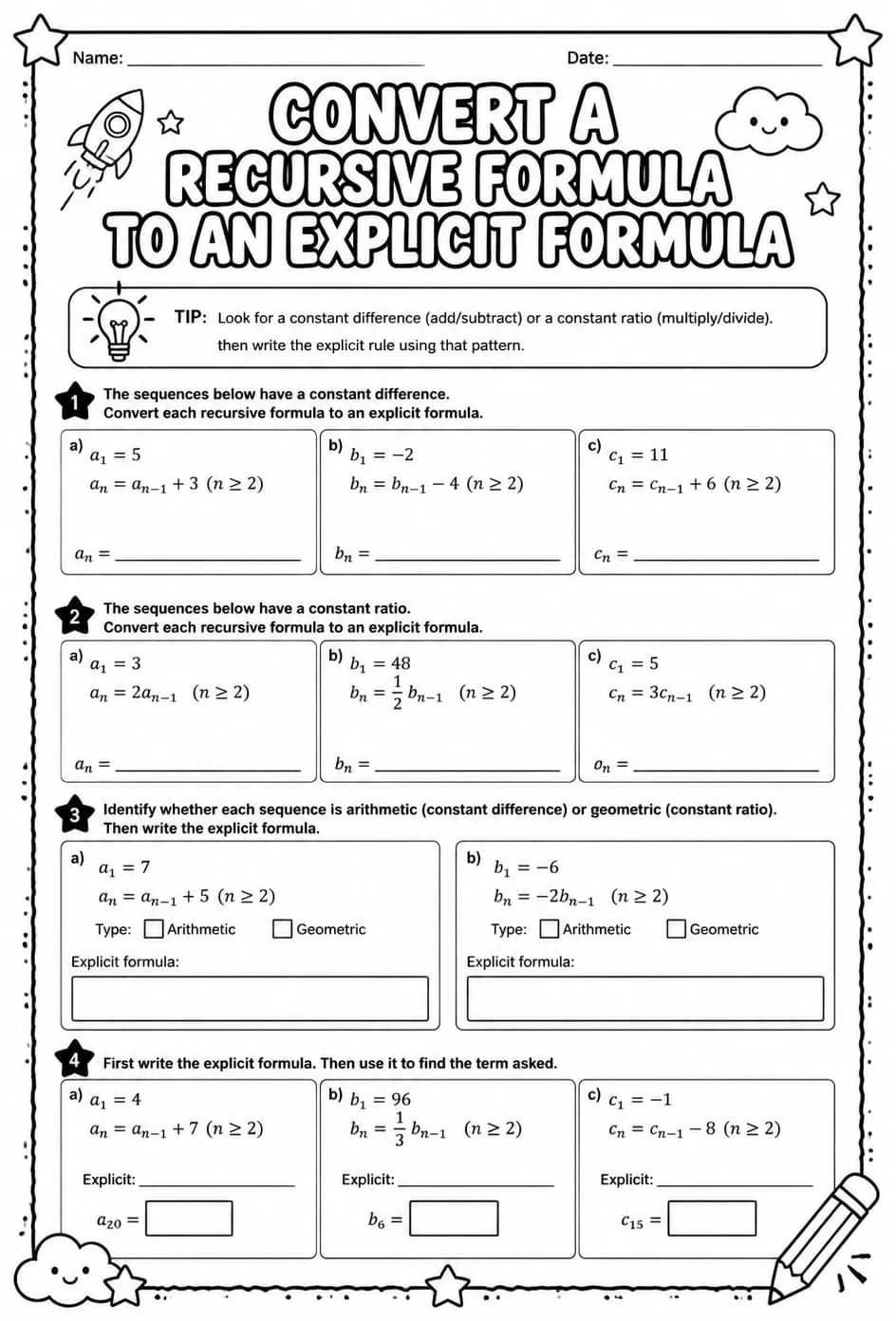 Convert a recursive formula to an explicit formula — free printable Algebra 1 math worksheet