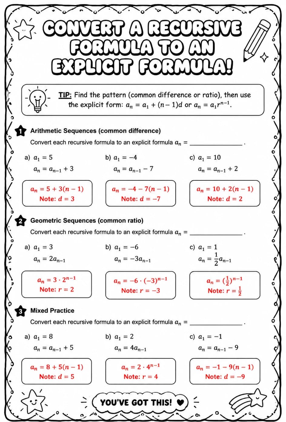 Answer key for Convert a recursive formula to an explicit formula — free printable Math worksheet