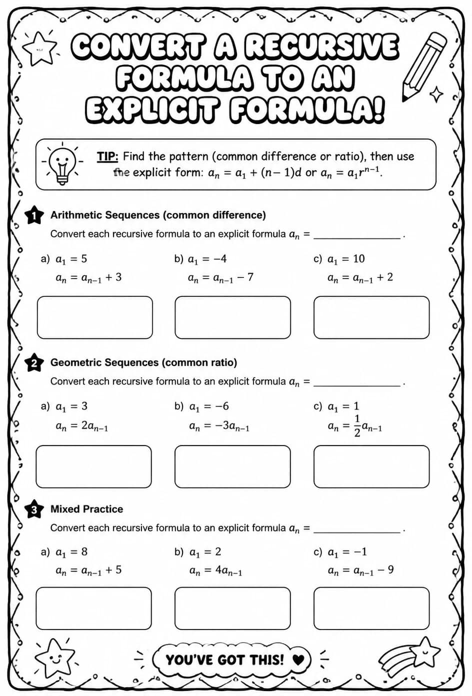 Convert a recursive formula to an explicit formula — free printable Algebra 2 math worksheet