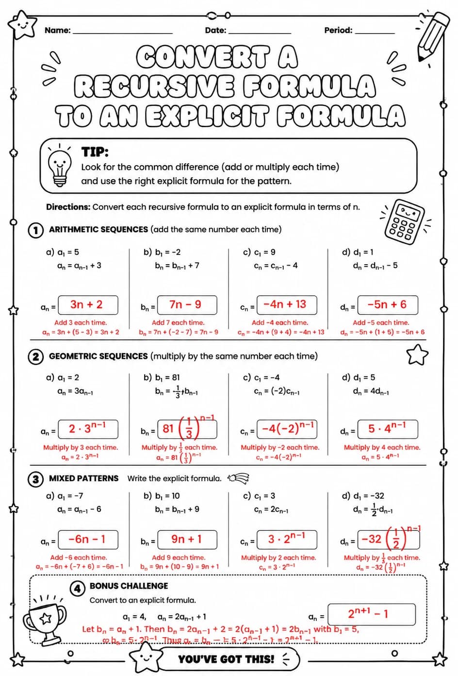 Answer key for Convert a recursive formula to an explicit formula — free printable Math worksheet