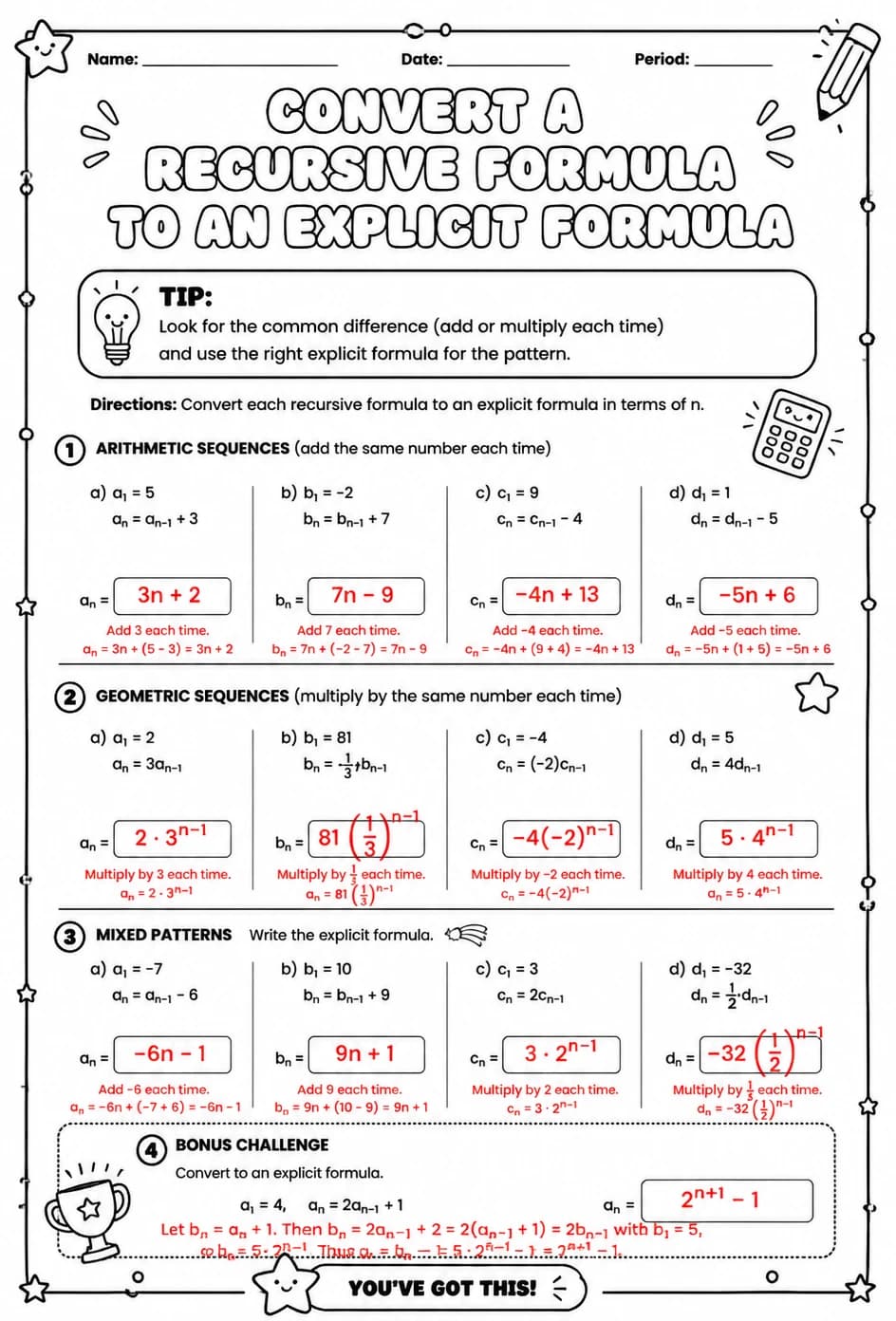 Answer key for Convert a recursive formula to an explicit formula — free printable Math worksheet