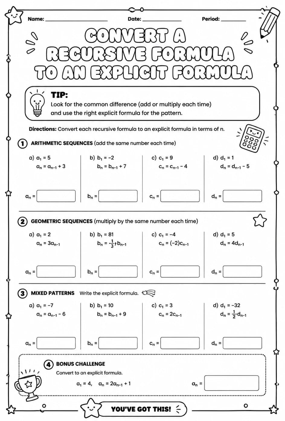 Convert a recursive formula to an explicit formula — free printable High School Math worksheet