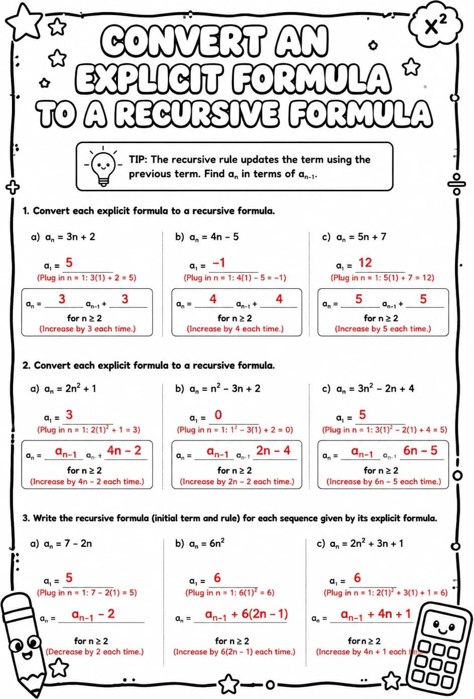 Answer key for Convert an explicit formula to a recursive formula — free printable Math worksheet
