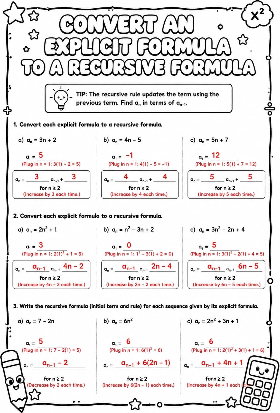 Answer key for Convert an explicit formula to a recursive formula — free printable Math worksheet