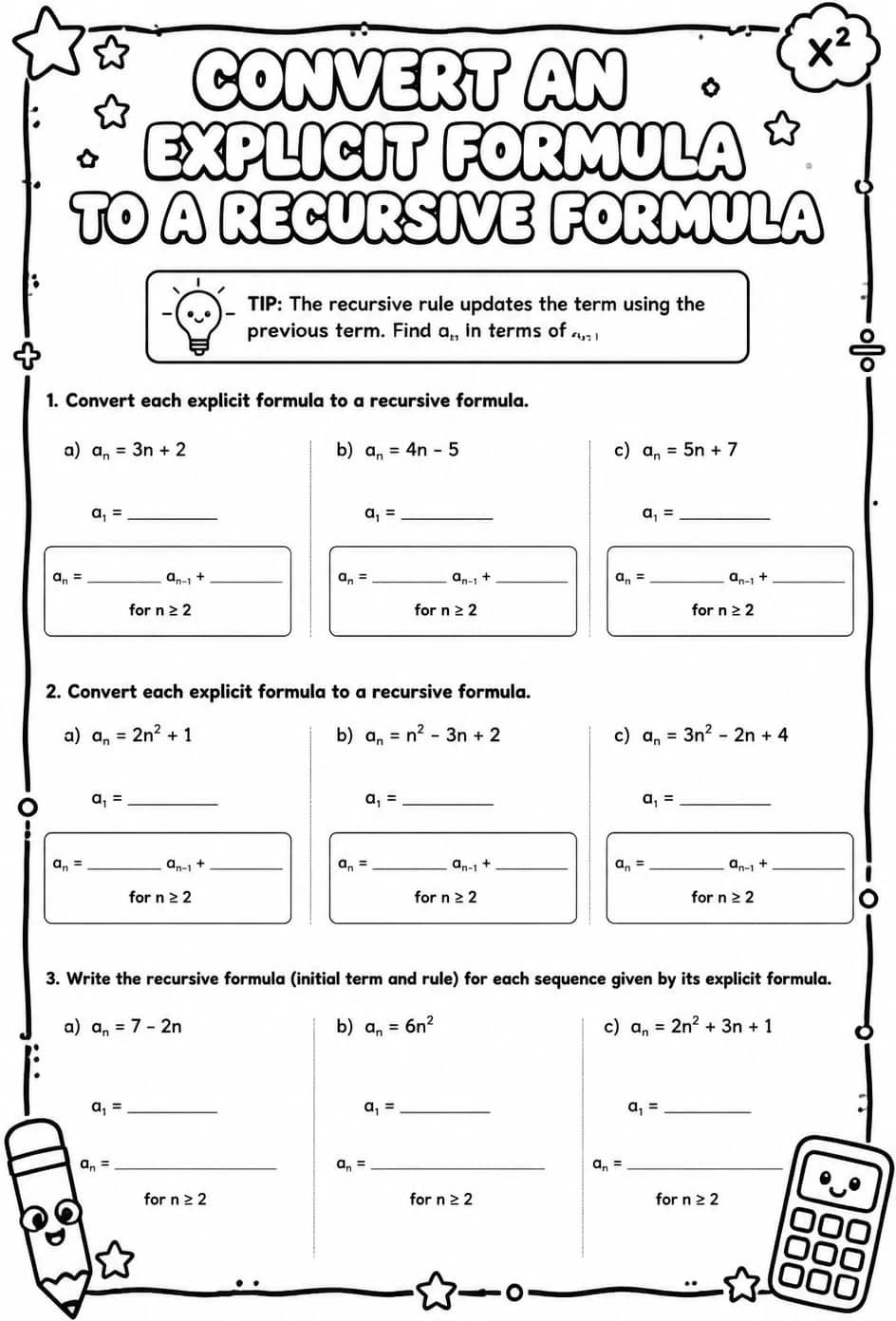 Convert an explicit formula to a recursive formula — free printable Algebra 1 math worksheet