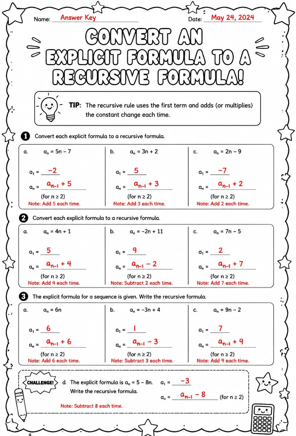 Answer key for Convert an explicit formula to a recursive formula — free printable Math worksheet