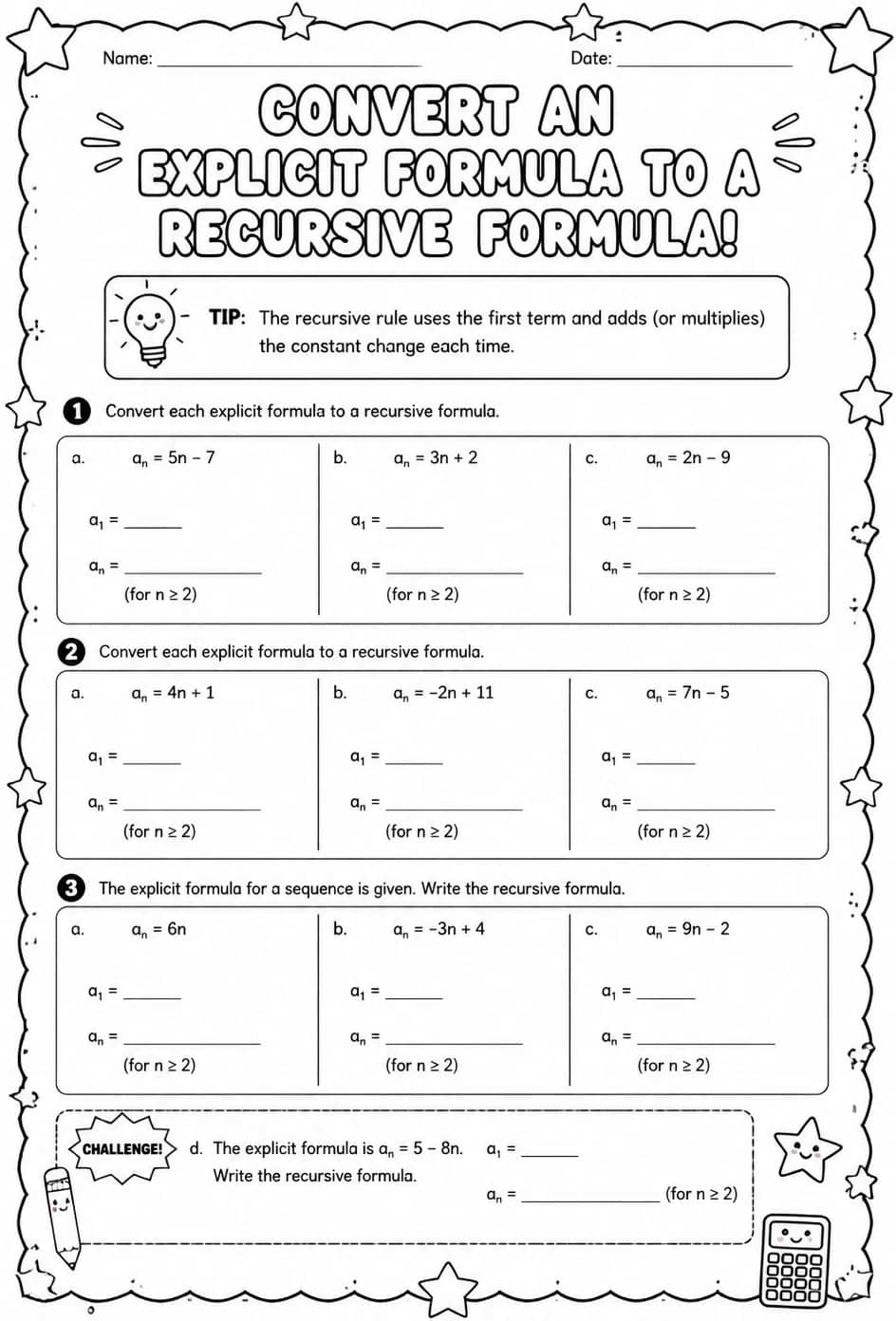 Convert an explicit formula to a recursive formula — free printable Algebra 2 math worksheet