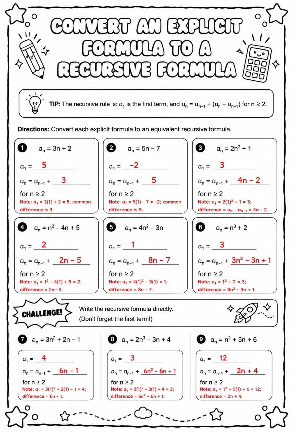 Answer key for Convert an explicit formula to a recursive formula — free printable Math worksheet
