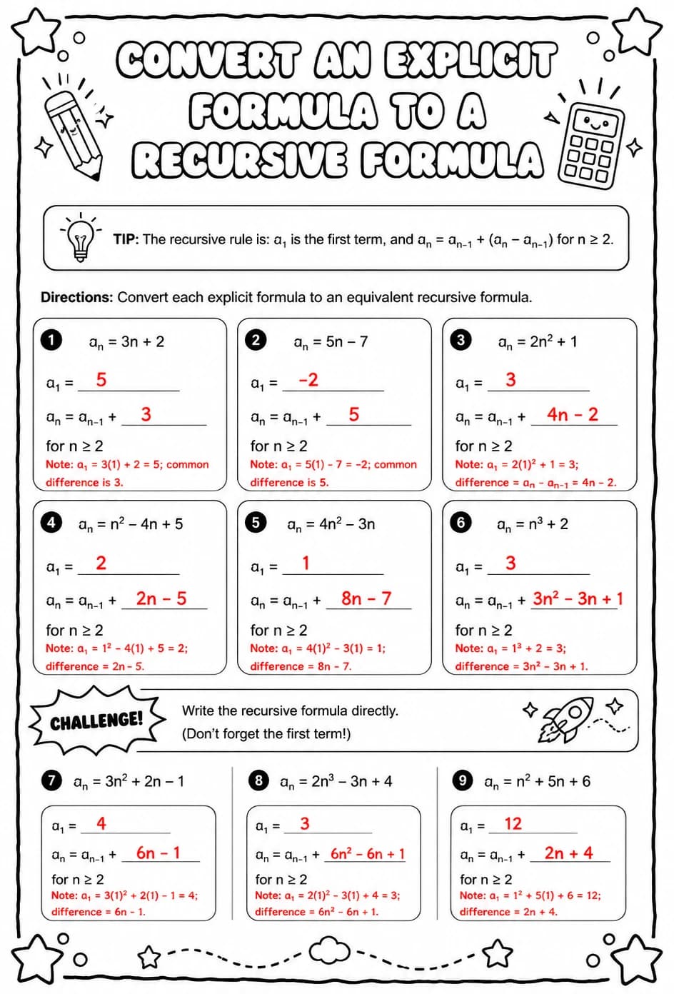 Answer key for Convert an explicit formula to a recursive formula — free printable Math worksheet