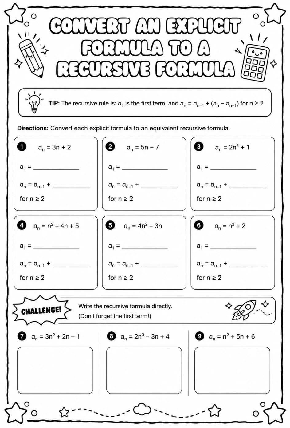 Convert an explicit formula to a recursive formula — free printable Precalculus math worksheet