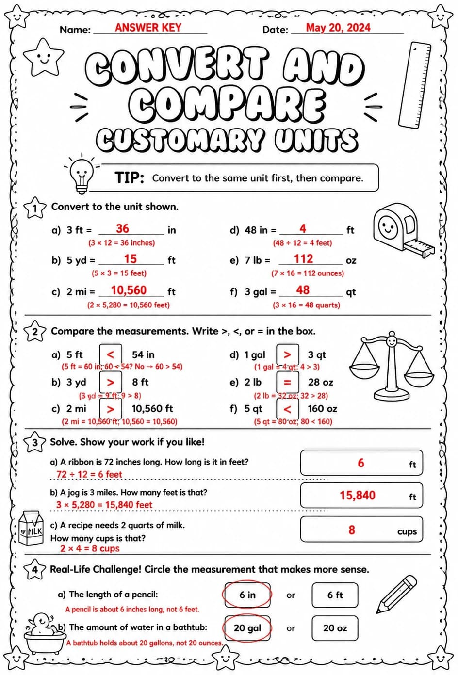 Answer key for Convert and compare customary units — free printable Math worksheet