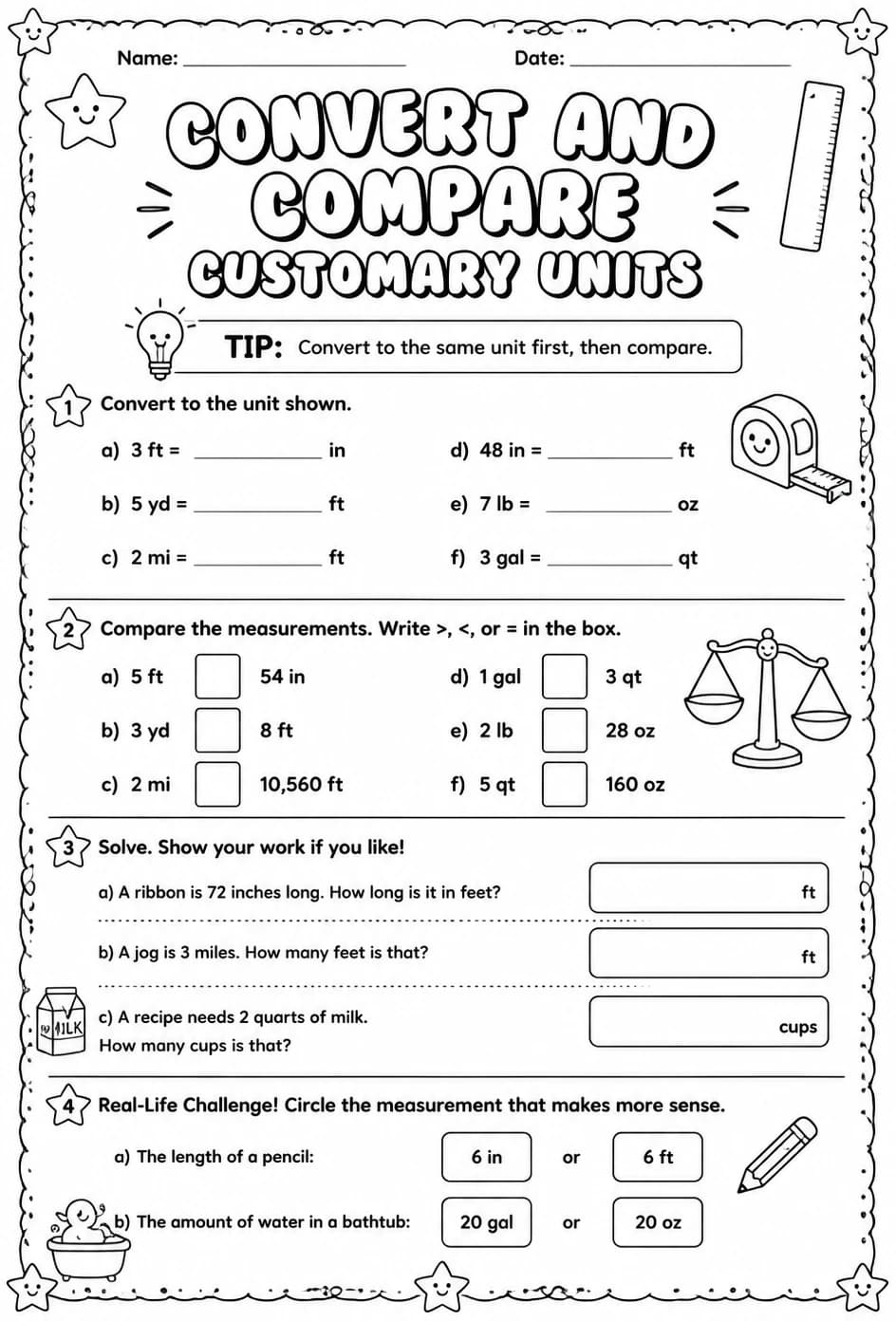 Convert and compare customary units — free printable Grade 4 math worksheet