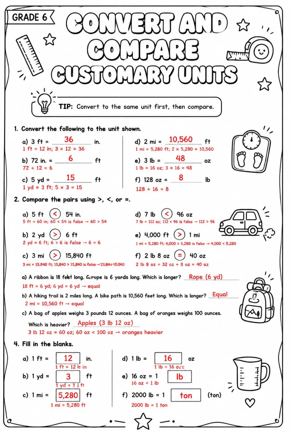 Answer key for Convert and compare customary units — free printable Math worksheet