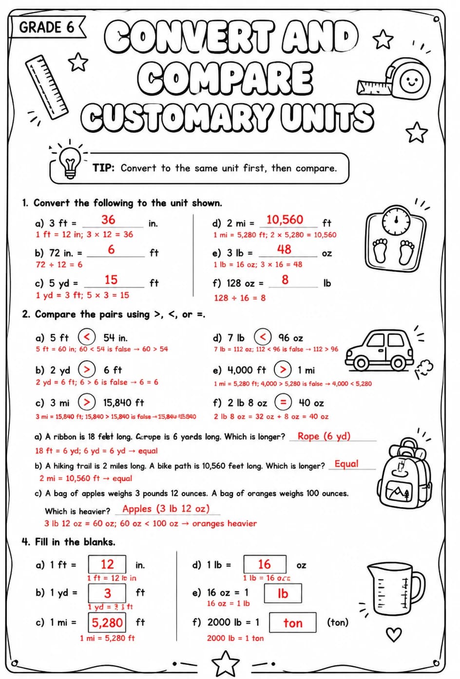 Answer key for Convert and compare customary units — free printable Math worksheet