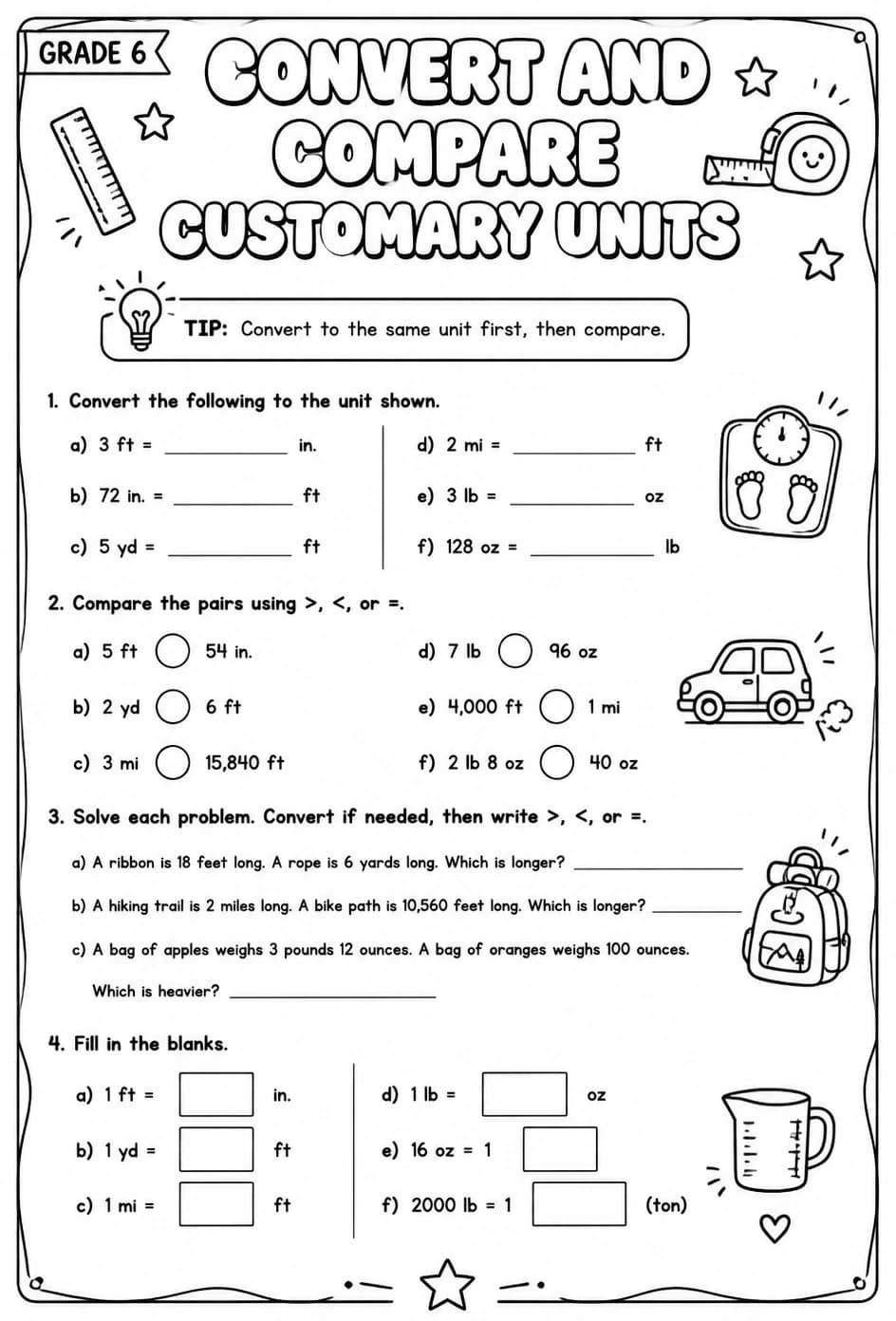 Convert and compare customary units — free printable Grade 6 math worksheet