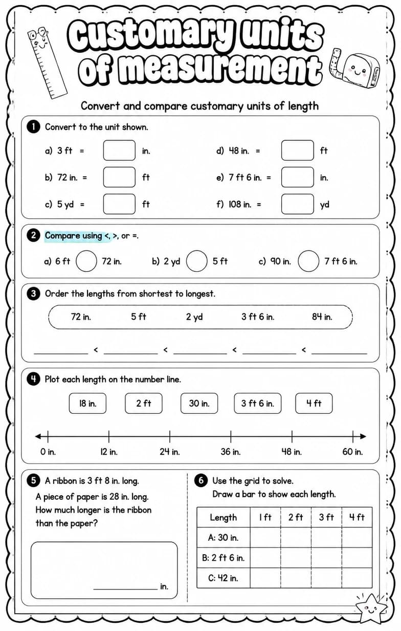 Convert and compare customary units of length — free printable Grade 4 math worksheet