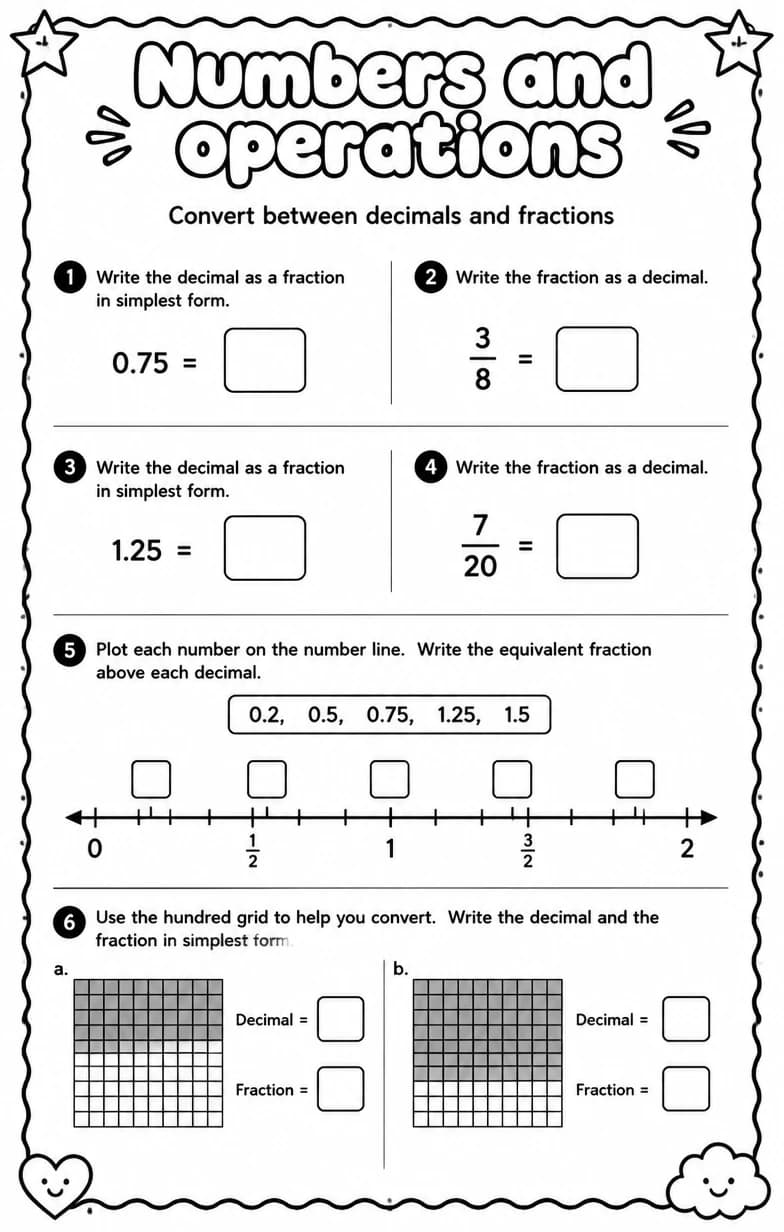Convert between decimals and fractions — free printable High School Math worksheet