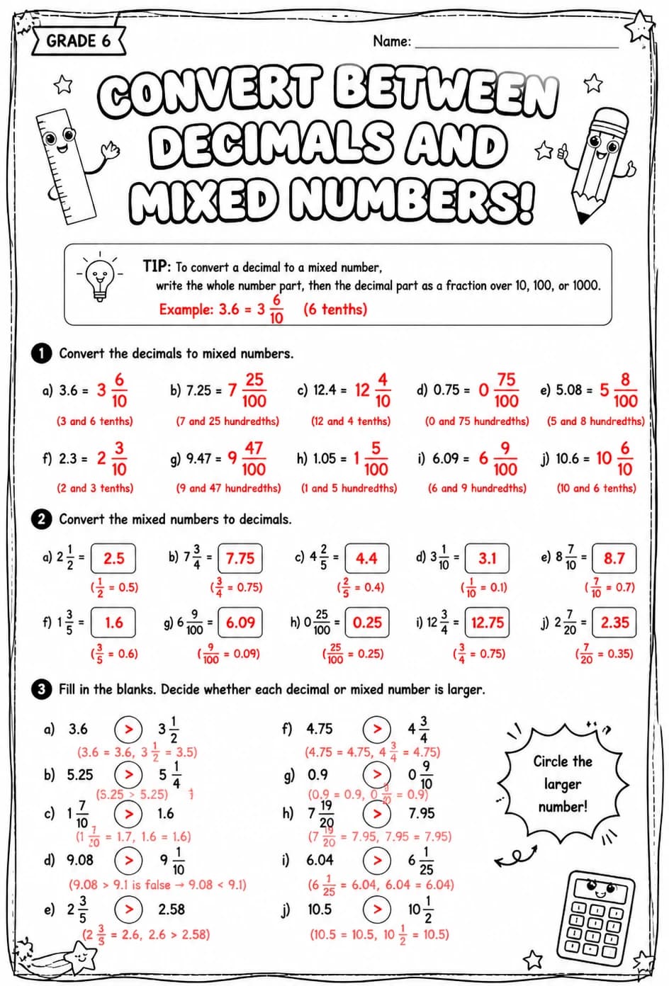Answer key for Convert between decimals and mixed numbers — free printable Math worksheet