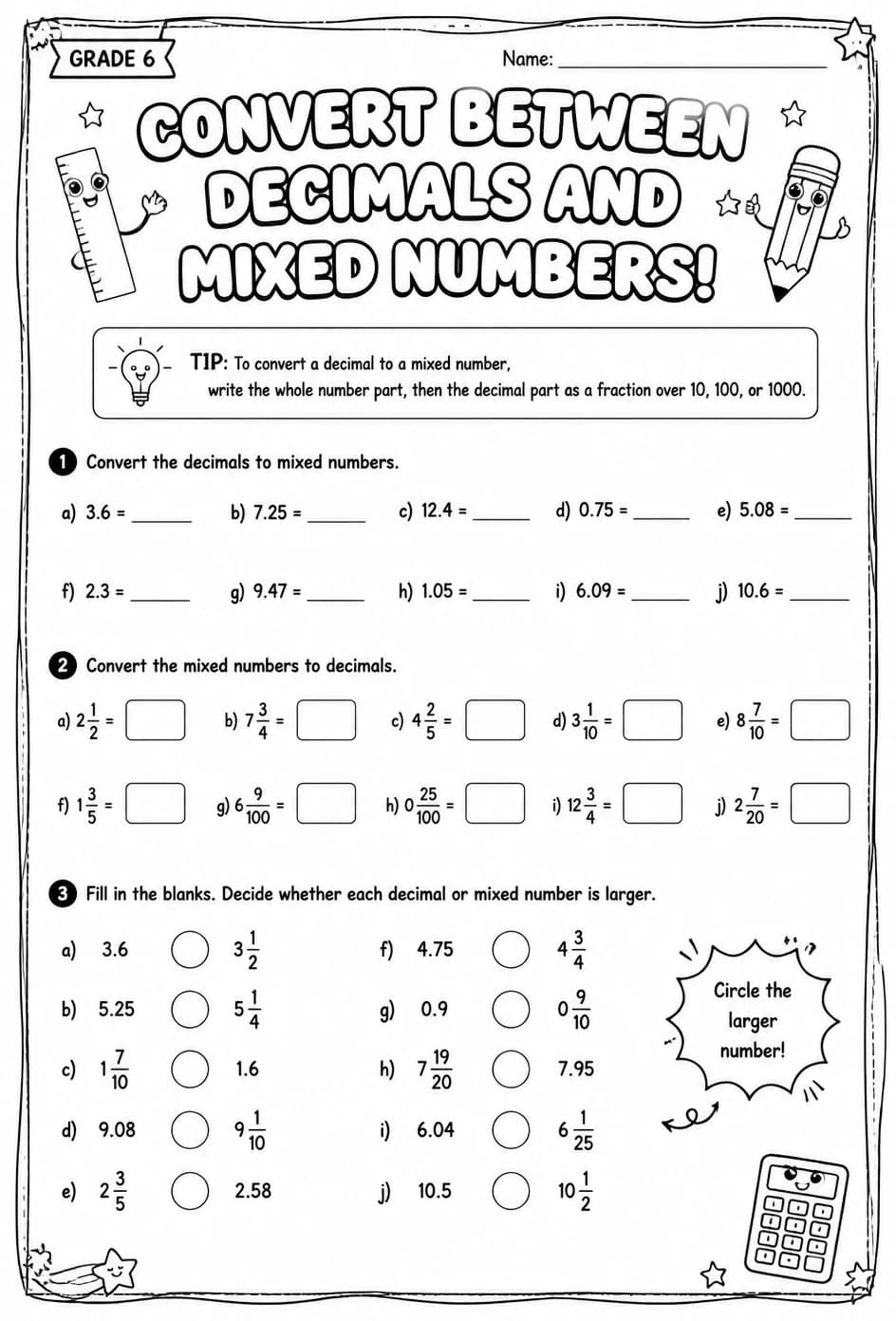 Convert between decimals and mixed numbers — free printable Grade 6 math worksheet