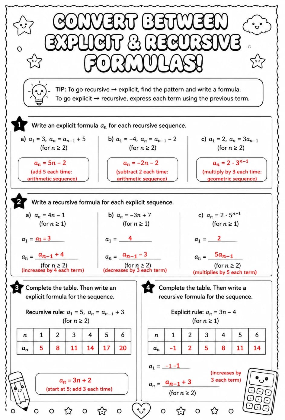 Answer key for Convert between explicit and recursive formulas — free printable Math worksheet