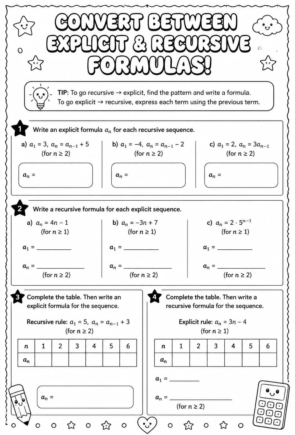Convert between explicit and recursive formulas — free printable Algebra 2 math worksheet