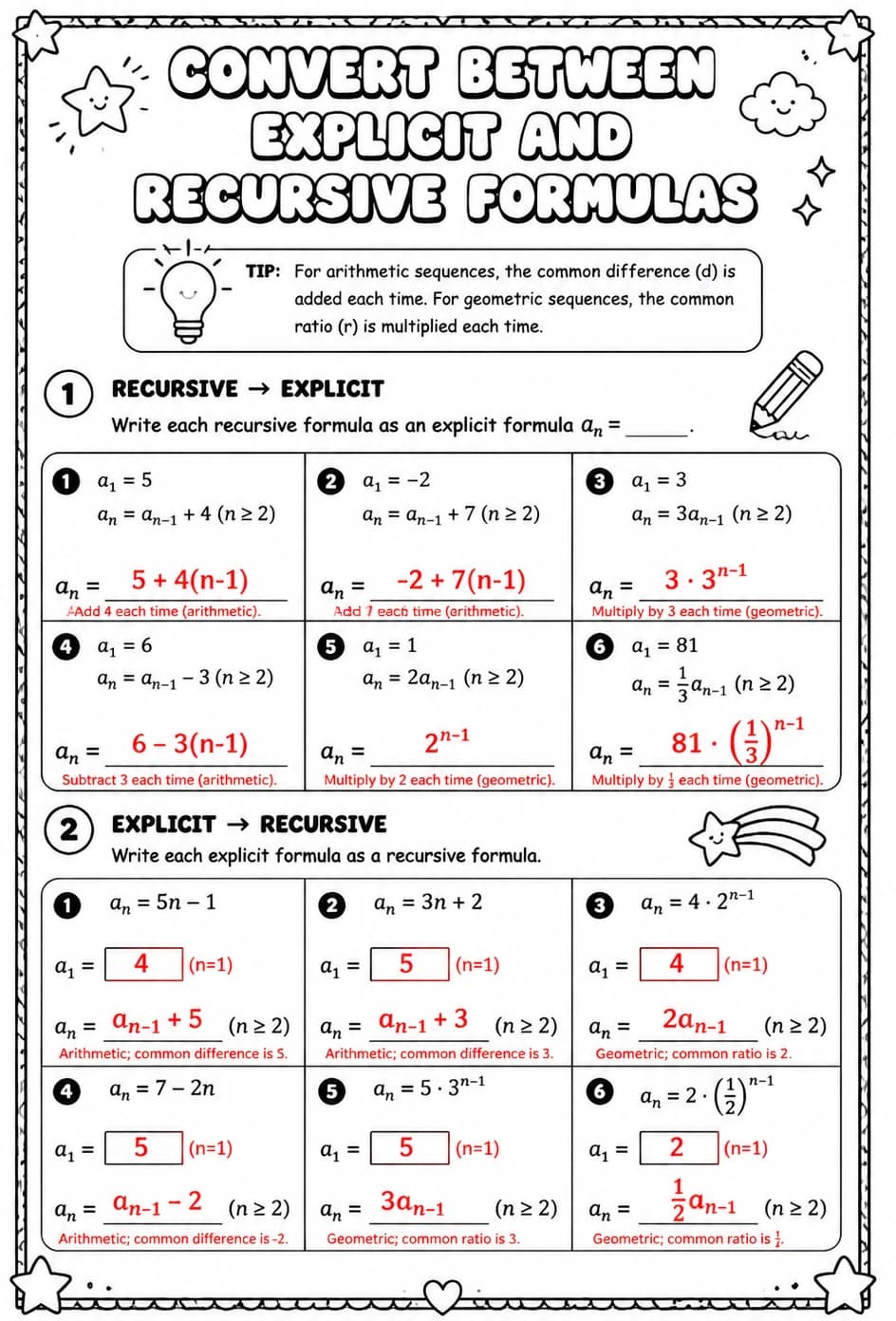 Answer key for Convert between explicit and recursive formulas — free printable Math worksheet