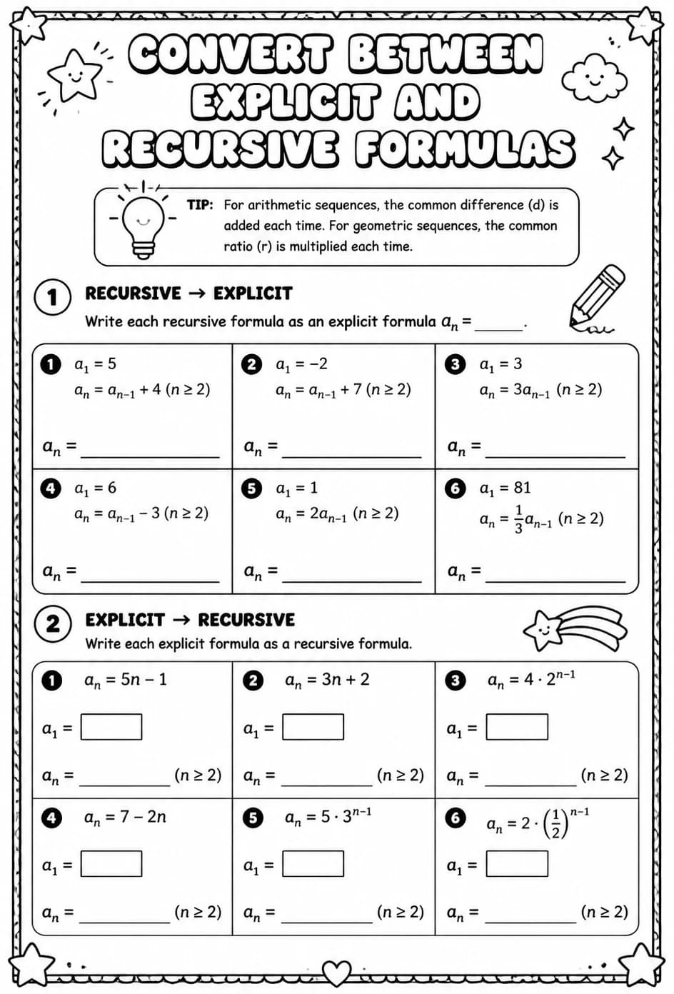 Convert between explicit and recursive formulas — free printable Precalculus math worksheet