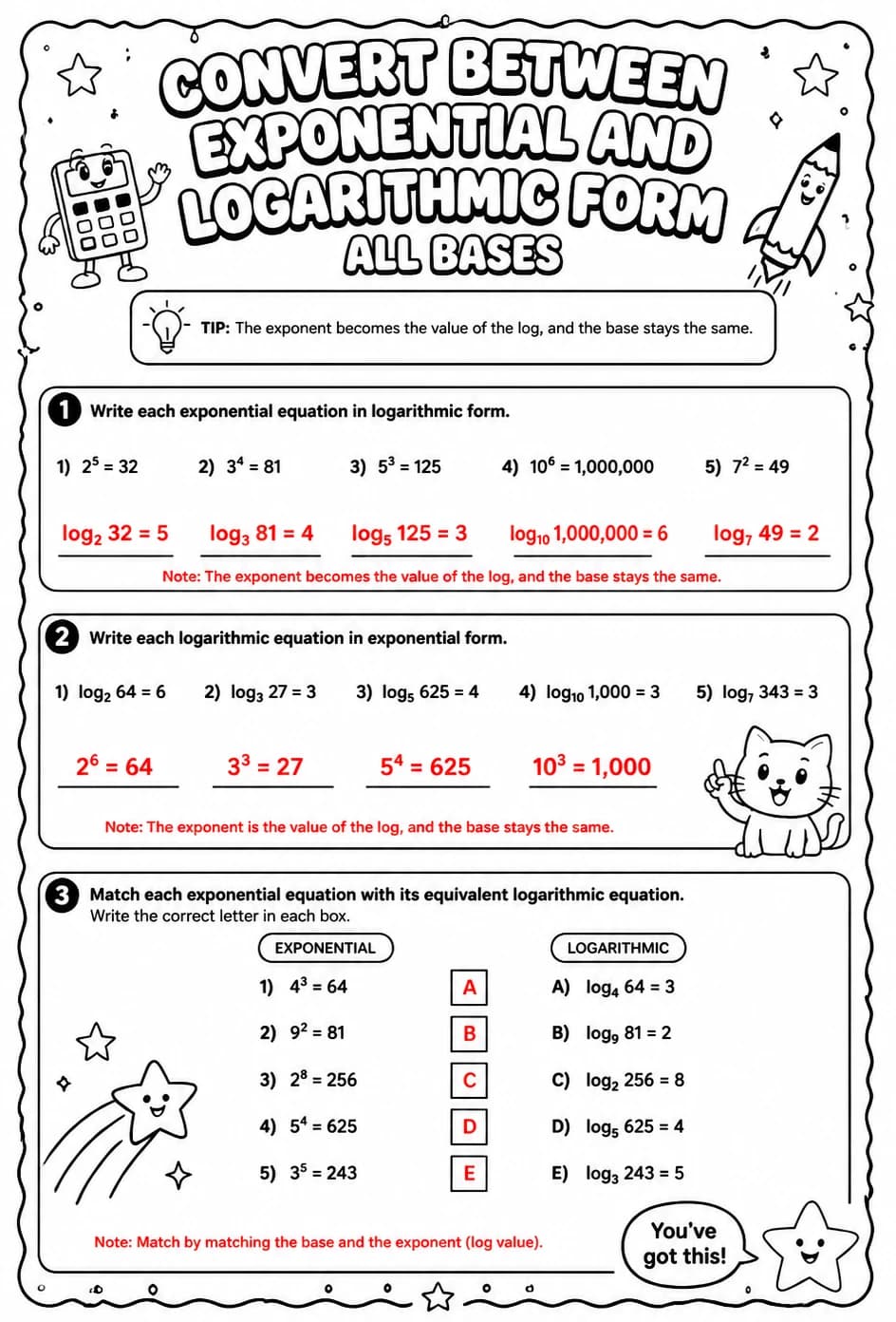 Answer key for Convert between exponential and logarithmic form: all bases — free printable Math worksheet