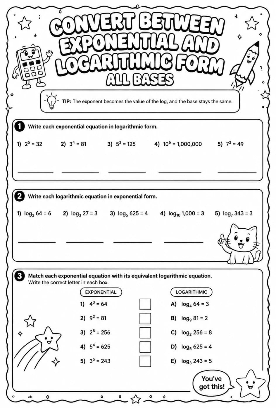 Convert between exponential and logarithmic form: all bases — free printable Algebra 2 math worksheet