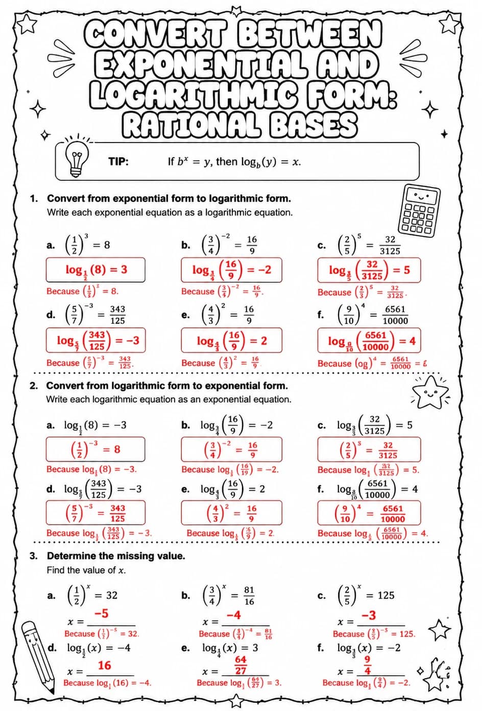 Answer key for Convert between exponential and logarithmic form: rational bases — free printable Math worksheet