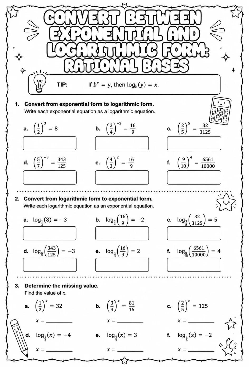 Convert between exponential and logarithmic form: rational bases — free printable Algebra 2 math worksheet