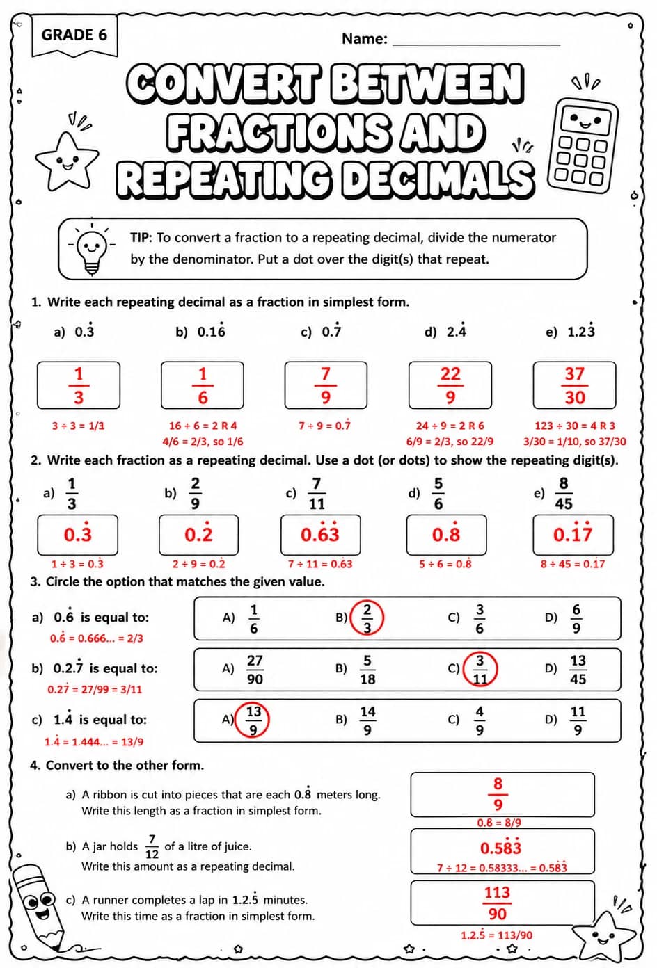 Answer key for Convert between fractions and repeating decimals — free printable Math worksheet