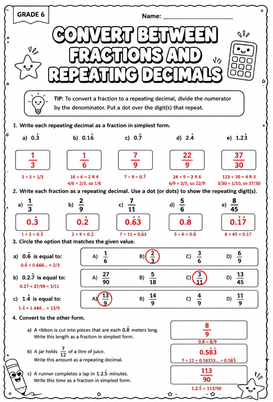 Answer key for Convert between fractions and repeating decimals — free printable Math worksheet