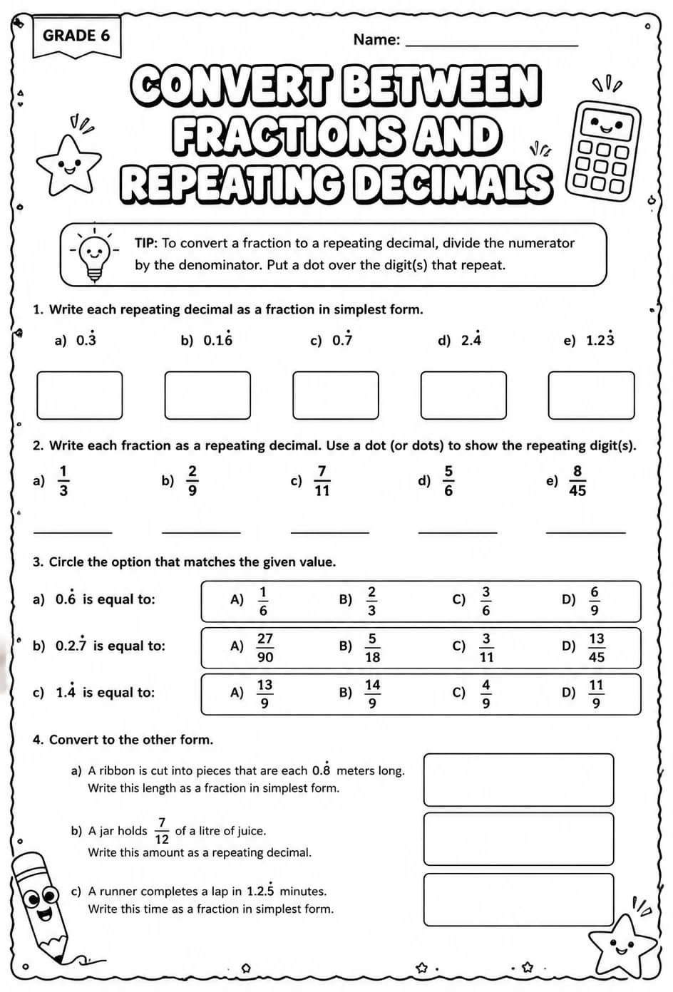 Convert between fractions and repeating decimals — free printable Grade 6 math worksheet