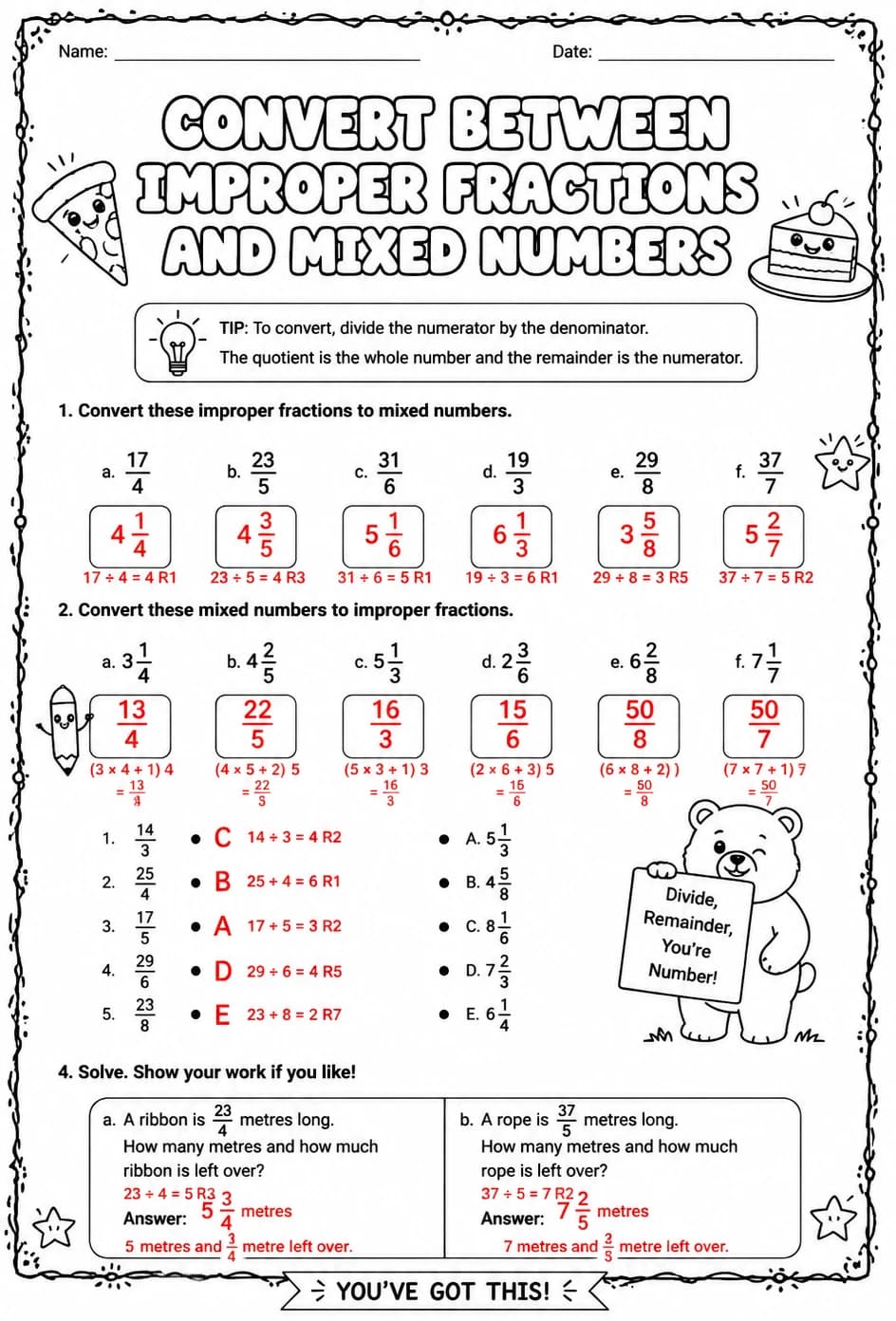 Answer key for Convert between improper fractions and mixed numbers — free printable Math worksheet