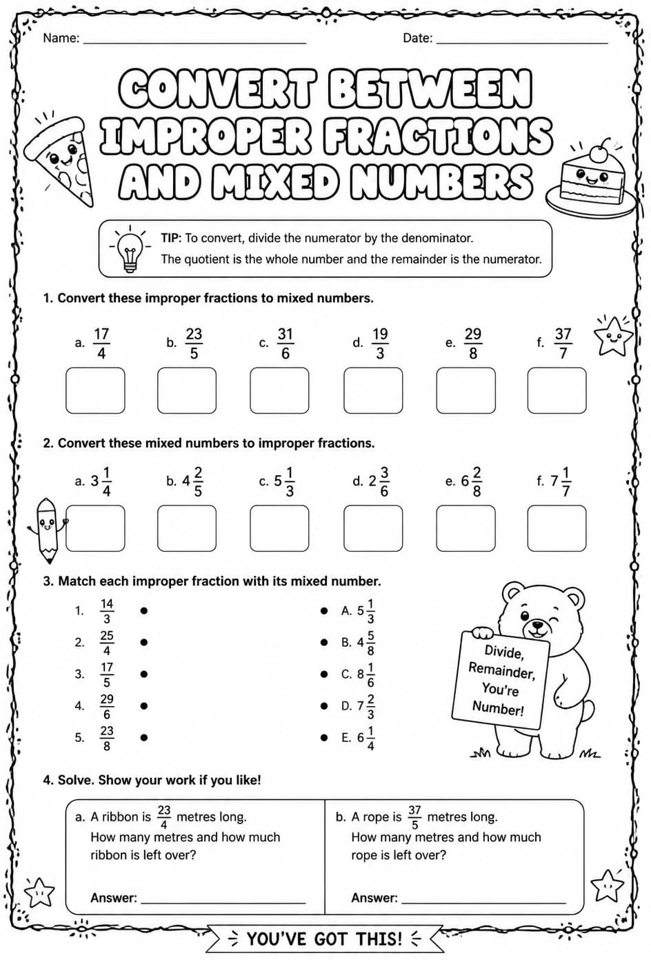 Convert between improper fractions and mixed numbers — free printable Grade 4 math worksheet