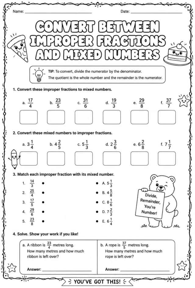 Convert between improper fractions and mixed numbers