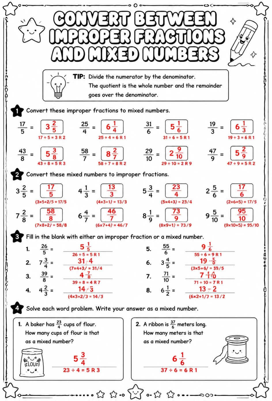 Answer key for Convert between improper fractions and mixed numbers — free printable Math worksheet