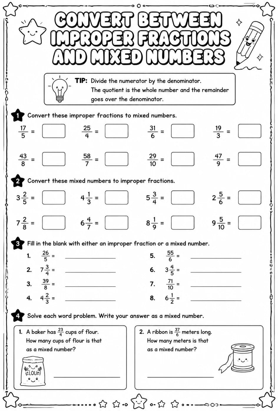 Convert between improper fractions and mixed numbers — free printable Grade 5 math worksheet