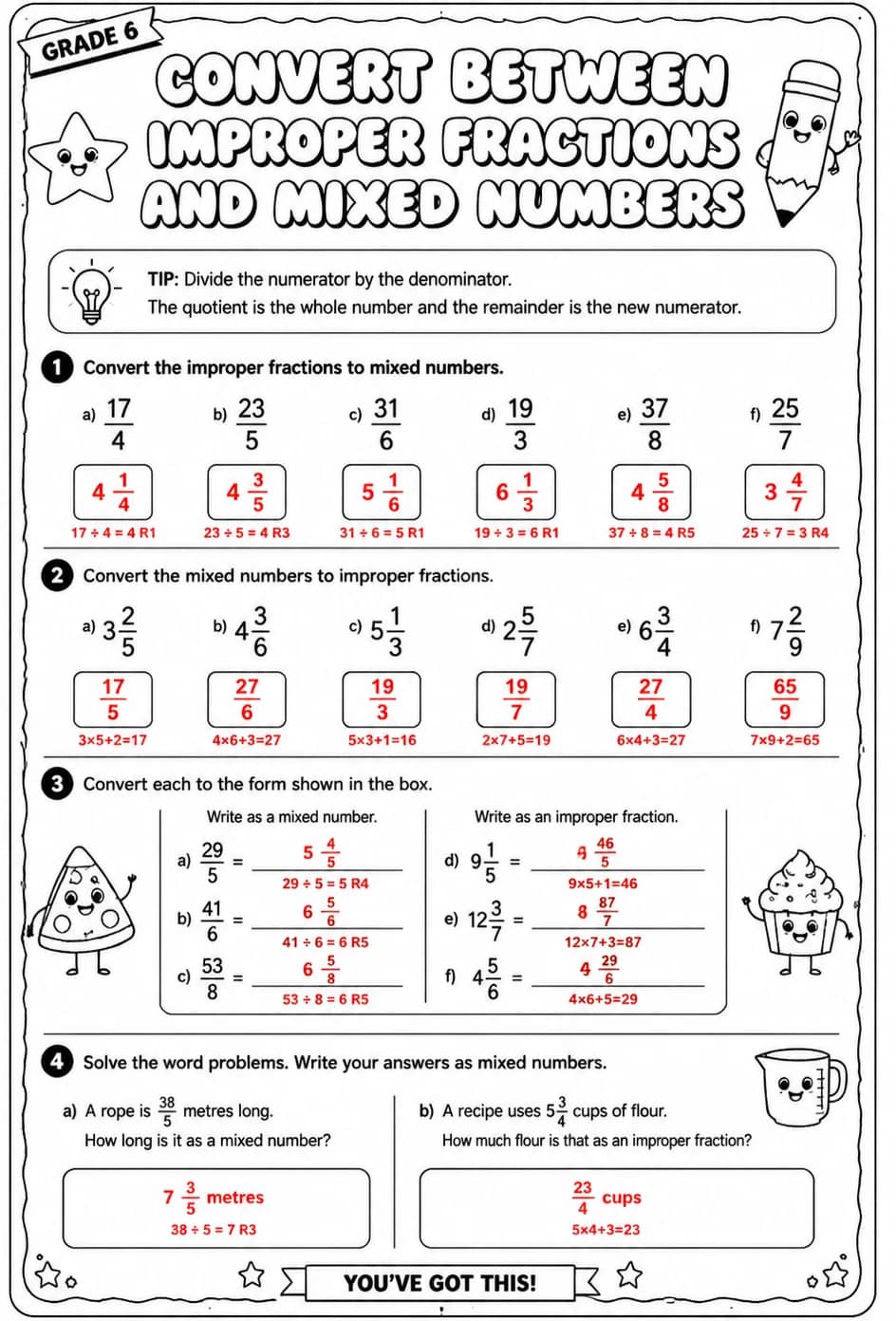 Answer key for Convert between improper fractions and mixed numbers — free printable Math worksheet