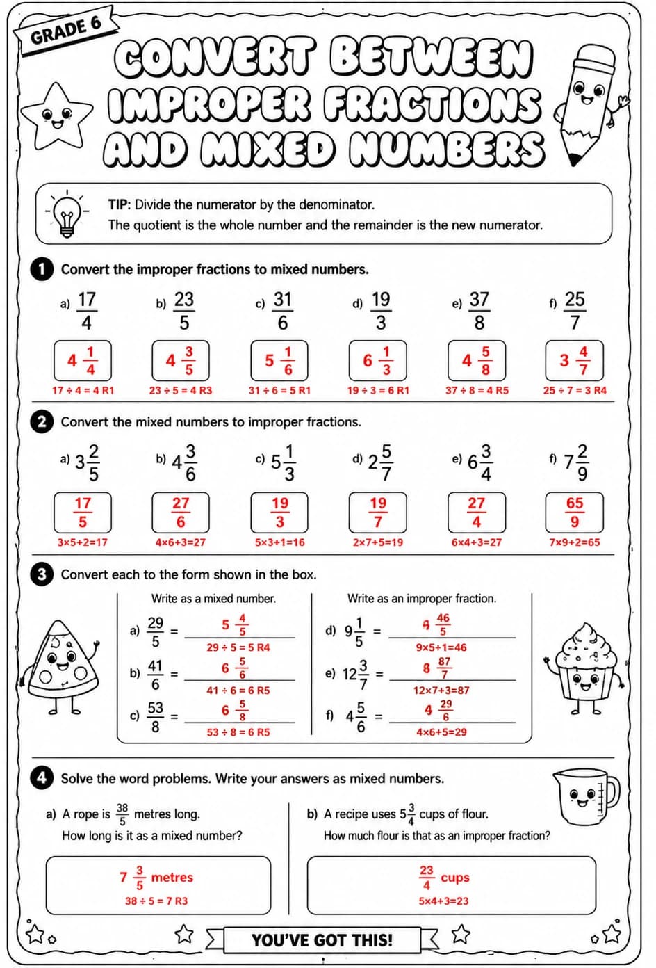 Answer key for Convert between improper fractions and mixed numbers — free printable Math worksheet