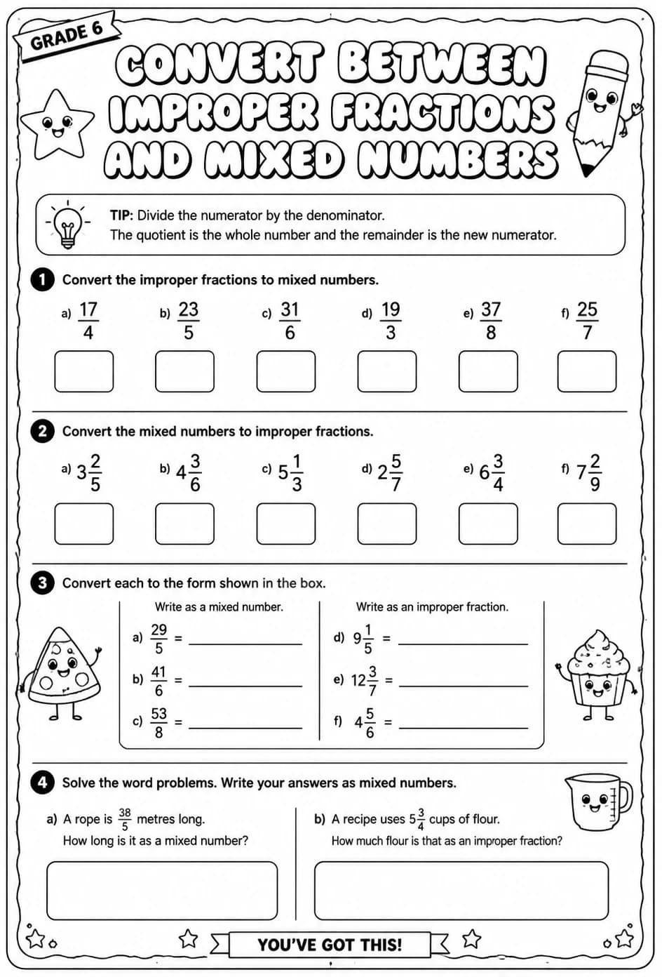 Convert between improper fractions and mixed numbers — free printable Grade 6 math worksheet