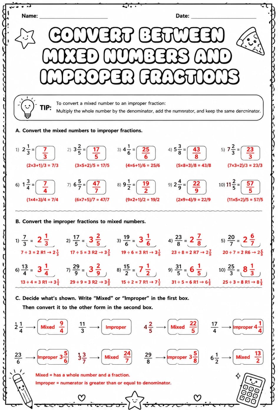 Answer key for Convert between mixed numbers and improper fractions — free printable Math worksheet