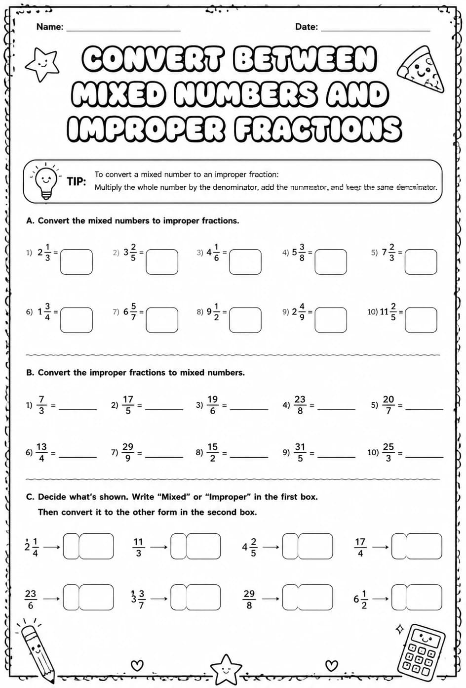 Convert between mixed numbers and improper fractions — free printable Grade 7 math worksheet