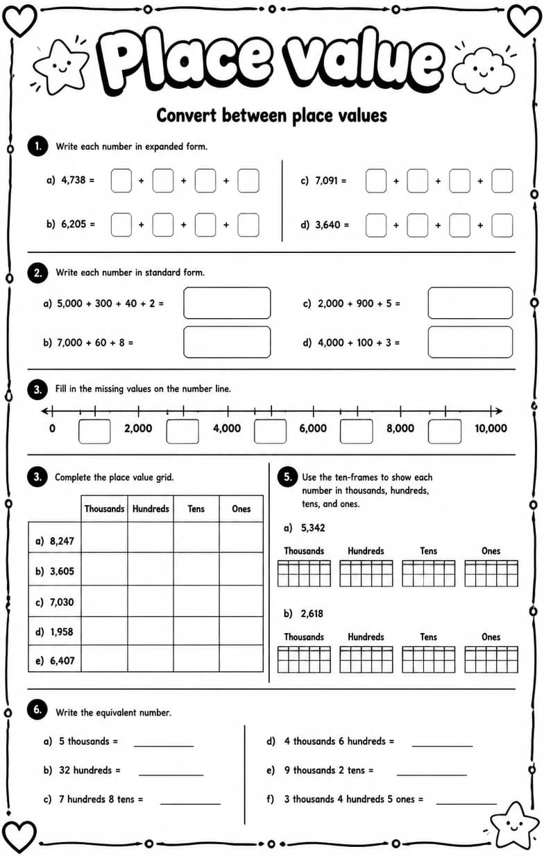 Convert between place values — free printable Grade 4 Math worksheet