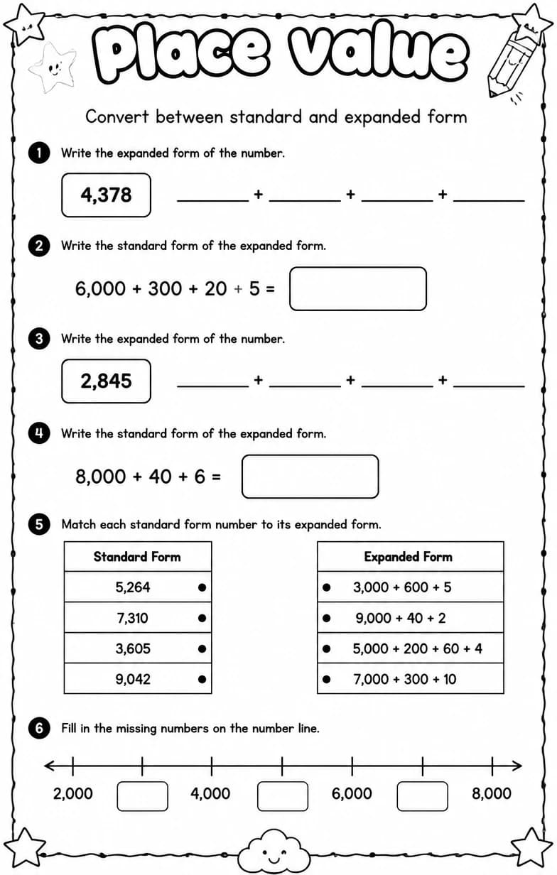 Convert between standard and expanded form — free printable Grade 4 Math worksheet