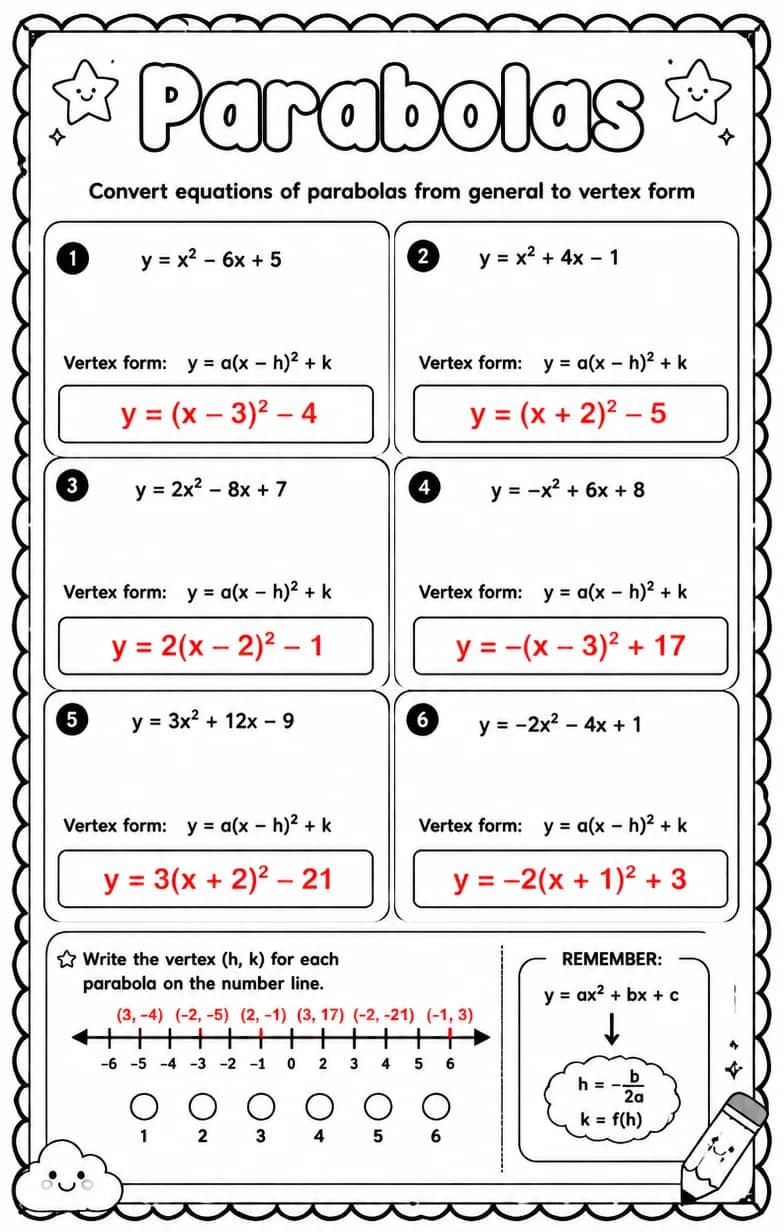 Answer key for Convert equations of parabolas from general to vertex form — free printable Math worksheet